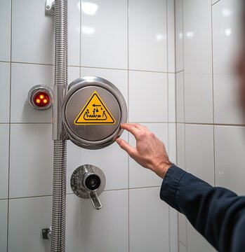Hand hesitantly reaching for a chrome shower control with a yellow scalding warning sign, red indicator light and white tiled bathroom wall