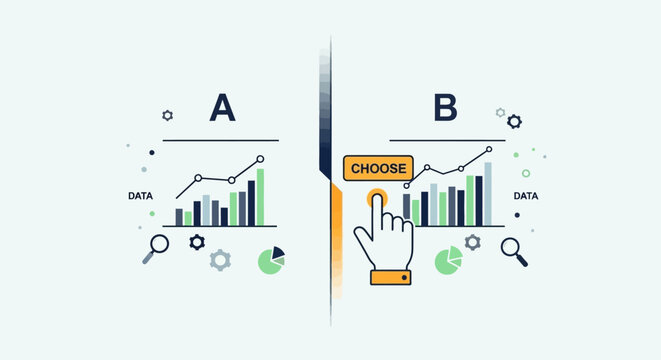 A B testing concept illustration showing data comparison with hand selecting option.