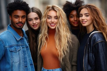 Fototapeta premium Five young adults standing close on a city street wearing casual denim and leather jackets, sweaters and cardigans, faces blurred, long wavy hair, conveying friendly camaraderie and confidence
