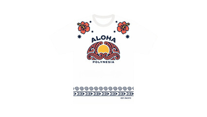 White t-shirt with aloha summer vacation print featuring hibiscus flowers and tropical sunset illustration in pixel art style © MDHASEN