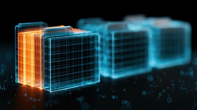Glowing transparent files in a digital grid, one highlighted orange