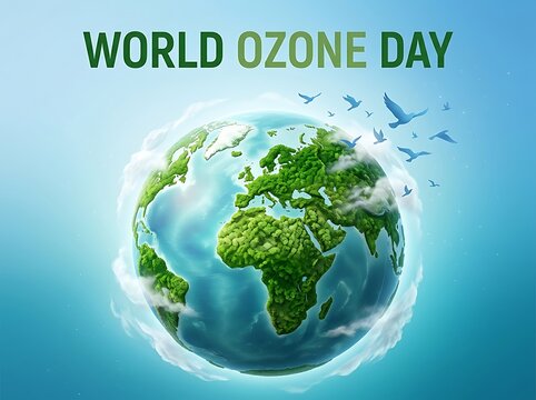 Beautiful green earth illustration with birds flying for world ozone day celebration concept