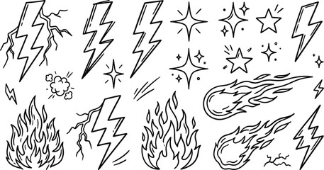 Lightning bolt and fire doodle vector set with meteor fireball sparkle star dynamic flash energy and power icons © MdMursalin