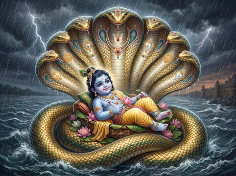 Infant Lord Krishna Resting Beneath the Protective Hood of Sheshnag on Sacred Waters Symbolizing Divine Protection After His Birth According to the Bhagavata Purana and Krishna Janmashtami Tradition