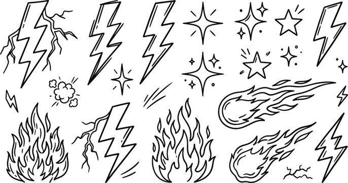 Lightning bolt and fire doodle vector set with meteor fireball sparkle star dynamic flash energy and power icons
