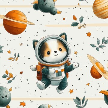 adorable corgi puppy astronaut floating joyfully in a space suit among planets, rings, stars, comets and leafy sprigs, playful whimsical cosmic illustration