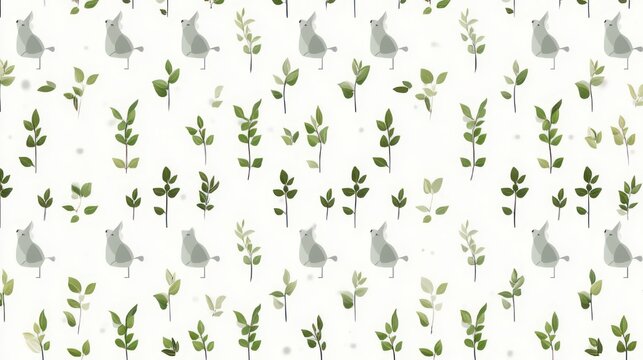whimsical repeating pattern of green sprigs and small gray rabbits on a white background conveying calm playful watercolor charm