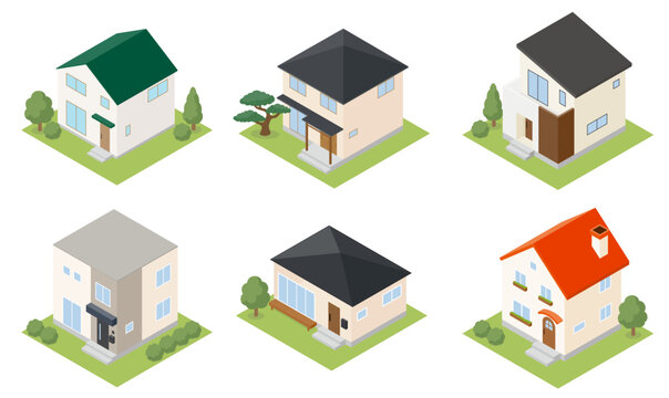 アイソメトリックな一戸建て住宅のイラストセット