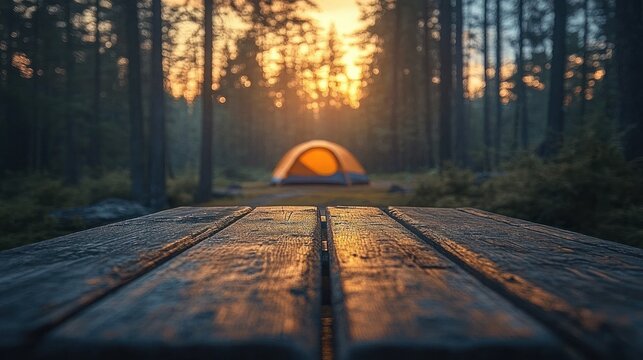 sunlit wooden picnic table leading to a glowing tent in a tranquil pine forest at sunset, evoking cozy calm
