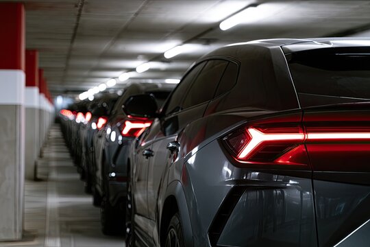 Sleek, modern vehicles lined up in a dimly lit, industrial parking garage
