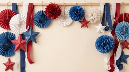 Obraz premium Red white and blue patriotic paper decorations with copy space for fourth of july and memorial day celebrations ideal for marketing banners social media and website headers