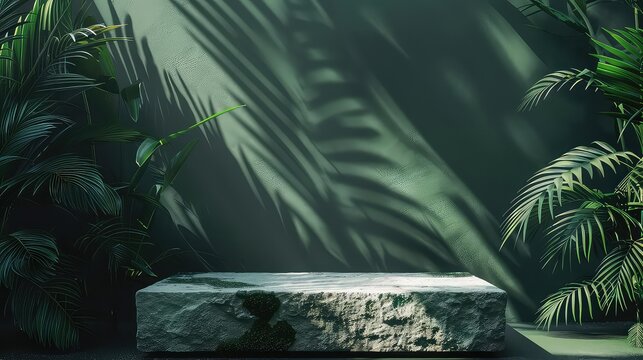 Green Product background with stone plinth and Tropical Leaves. Generative AI