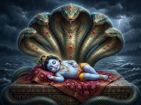 Infant Lord Krishna Resting Beneath the Protective Hood of Sheshnag After His Divine Birth Divine Protection Krishna Janmashtami 