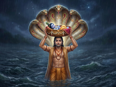 Vasudeva Walking Through the Yamuna River Carrying Infant Lord Krishna Beneath the Protective Hood of Sheshnag During the Miraculous Journey Described in the Bhagavata Purana