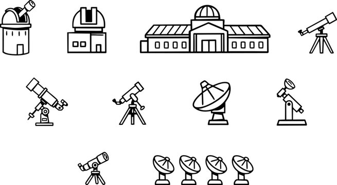Observatory buildings and telescopes arranged with satellite dishes in a stylized graphic design illustration