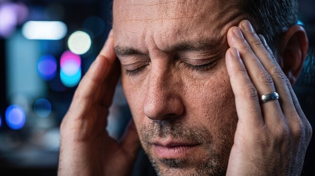 Close-up portrait of a stressed man suffering from a severe headache or migraine
