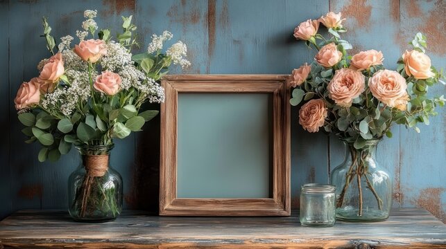 Two glass vases with peach roses and greenery flanking an empty wooden frame on a rustic blue distressed wall, small glass jar on wooden shelf, soft romantic vintage mood