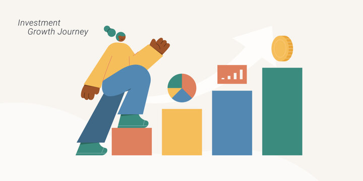 Flat design illustration of a person climbing colorful bar chart steps with pie chart and growth arrow toward a gold coin, representing investment growth journey. Perfect for finance and fintech conte