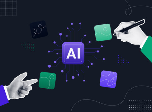 Trendy Halftone Collage of two hands pointing and writing around an AI chip with digital content cards on dark background, representing AI content creation.