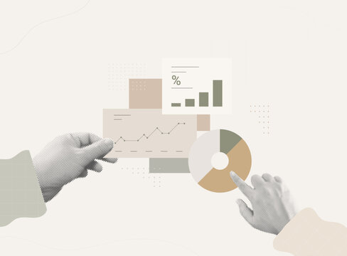 Trendy Halftone Collage of two hands analyzing line chart, bar graph, and pie chart data cards, representing market analytics and financial insight.