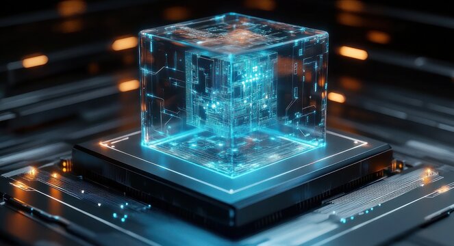 glowing holographic cube hovering above a microchip on an illuminated circuit board, futuristic high-tech core with a sense of wonder