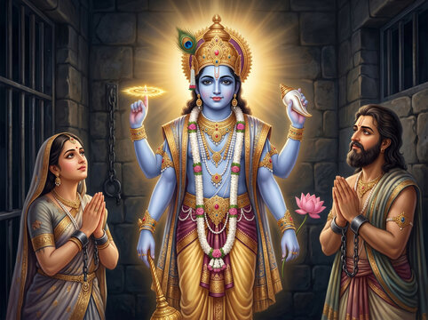 Lord Vishnu Revealing His Divine Four Armed Form Before Devaki and Vasudeva Inside King Kansa's Prison Immediately After the Birth of Lord Krishna According to the Bhagavata Purana