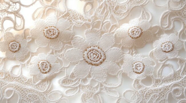 Delicate ivory floral lace with intricate embroidered flowers, openwork patterns and soft romantic texture
