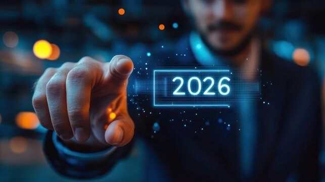 Person in dark suit pointing with index finger at glowing holographic 2025 display surrounded by digital particles and blue bokeh, confident futuristic gesture