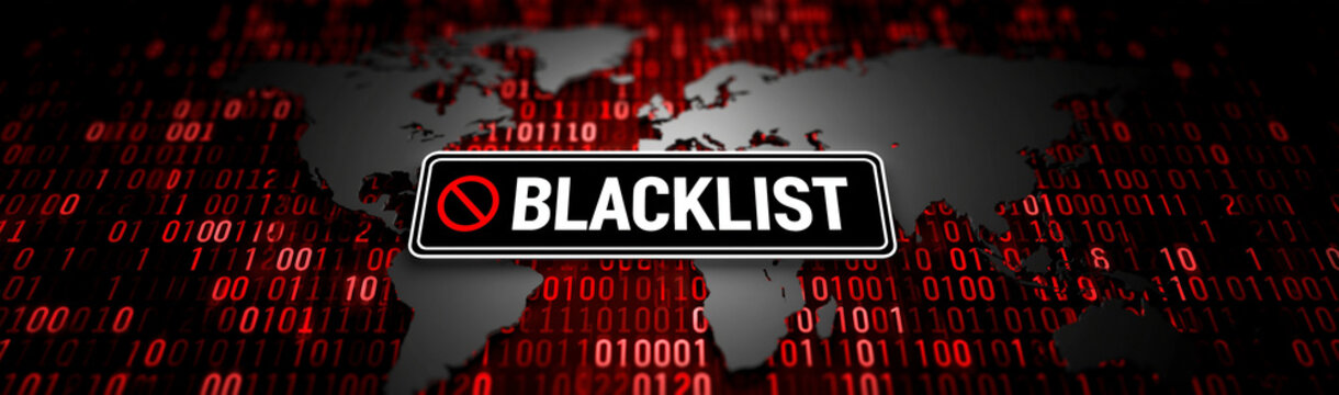 Digital Blacklist Alert: A stark warning against a global blacklist is displayed over a digital map of the world with a background of binary code, symbolizing digital restriction and exclusion.