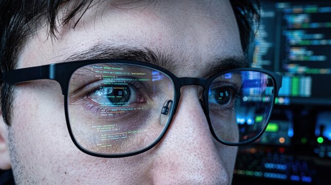 Close-up of a software developer looking at computer code reflected in his glasses