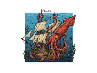 Large Red Cephalopod With Coiling Arms Engulfing A Majestic Sailing Vessel On The Ocean Floor, Surrounded By Seaweed And Fish Vector Illustration © derahvana