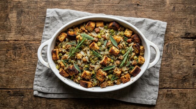 Golden brown homemade bread stuffing with fresh herbs served in a white oval baking dish on a rustic wooden table