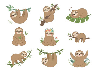 Fototapeta premium A collection of cute cartoon sloths in various poses and activities.