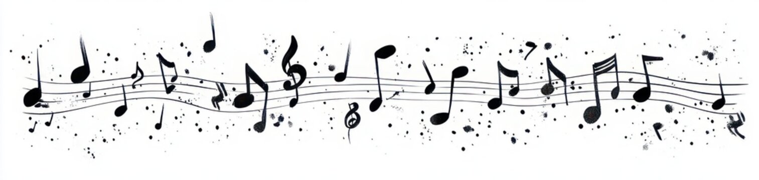dynamic black musical staff with flowing treble clef and scattered notes amid ink splatters conveying energetic playful rhythm