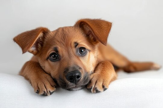 brown puppy with folded ears lying on a white surface, paws forward and face partially blurred, appearing peaceful and shy