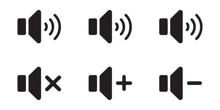 Sound volume control icon set with plus and minus symbols for audio adjustment interface loudspeaker.