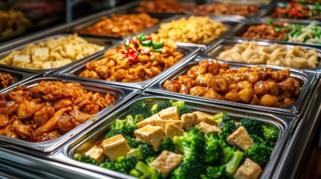 colorful hot buffet display of trays with tofu and broccoli, glazed chicken, dumplings and sauced stir-fry dishes, inviting and appetizing