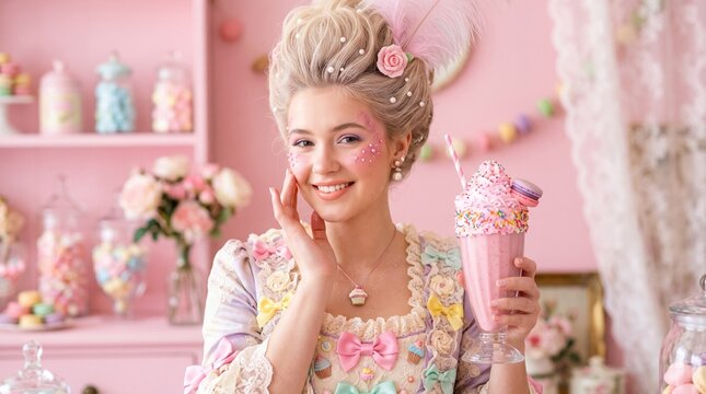Smiling young woman in pastel rococo dress with colorful ribbon bows, feathered wig with pearls and rose, holding sprinkled milkshake dessert in pink candy boutique interior.