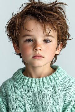 young person with tousled brown hair wearing a mint green chunky cable knit sweater, face intentionally obscured by blur, ears and neck visible against a pale neutral background, ambiguous mood