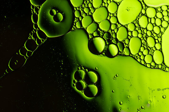 Vibrant green liquid bubbles forming abstract cellular pattern on dark background