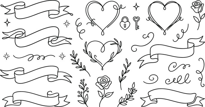 Romantic ribbon banner doodle vector set with calligraphic hearts rose flowers love lock key and flourish line art