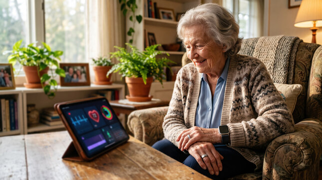 Smiling senior woman with smartwatch monitoring heart rate data on tablet screen at home, demonstrating remote healthcare technology and wellness tracking for elderly people.
