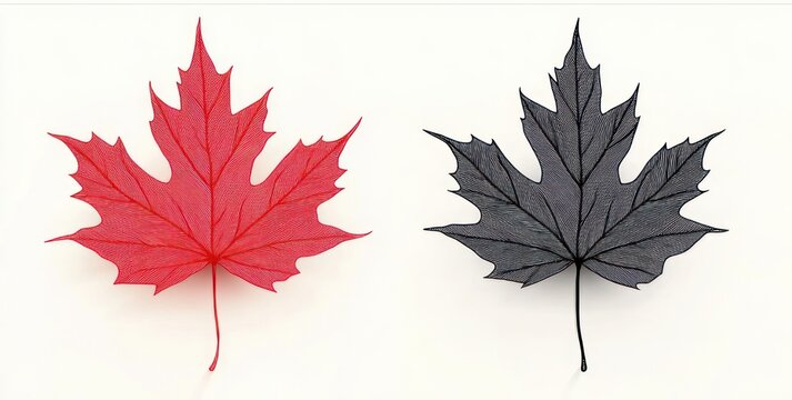 Two detailed maple leaves side by side &mdash; one bright red and one deep black &mdash; visible veins on a clean white background, calm minimalist contrast evoking balance and duality