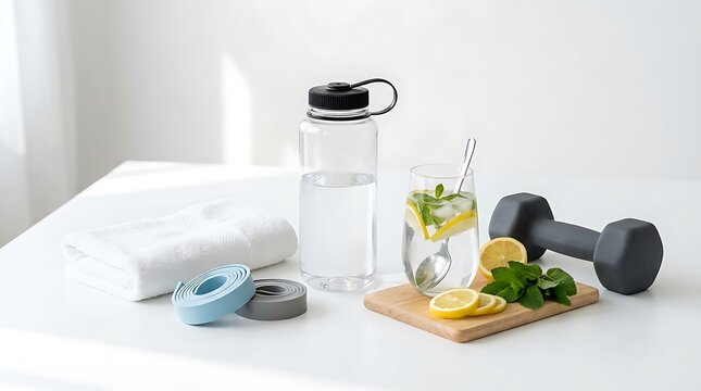 Water bottle with glass of lemon water towel and dumbbell for a healthy fitness lifestyle. gym hydration tips 