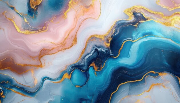 fluid abstract marble with teal and navy waves, blush pink and white bands veined with gold metallic highlights, swirling liquid texture conveying calm luxurious motion