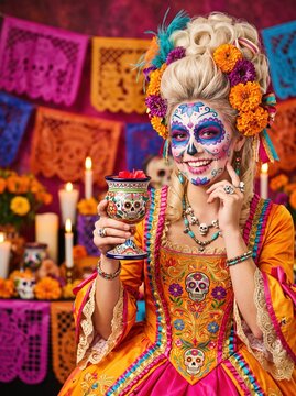 Woman with vibrant Day of the Dead sugar skull face paint, marigold floral headdress with feathers, holding decorated ceramic cup, wearing embroidered orange and pink dress.