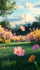 Fototapeta premium sunlit meadow of pink and yellow wildflowers with falling petals over lush green grass and distant trees, peaceful and whimsical atmosphere
