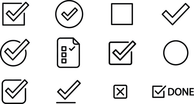 Check mark icon doodle vector set with checkbox circle square done text cross list document and choice line art