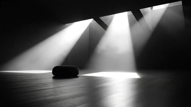 Black and white shot of a meditation cushion bathed in the light of an opening