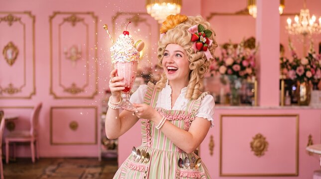 Cheerful woman in pink striped rococo costume with pastel wig decorated with croissant and berries, holding oversized whimsical milkshake dessert at colorful candy bakery setting.